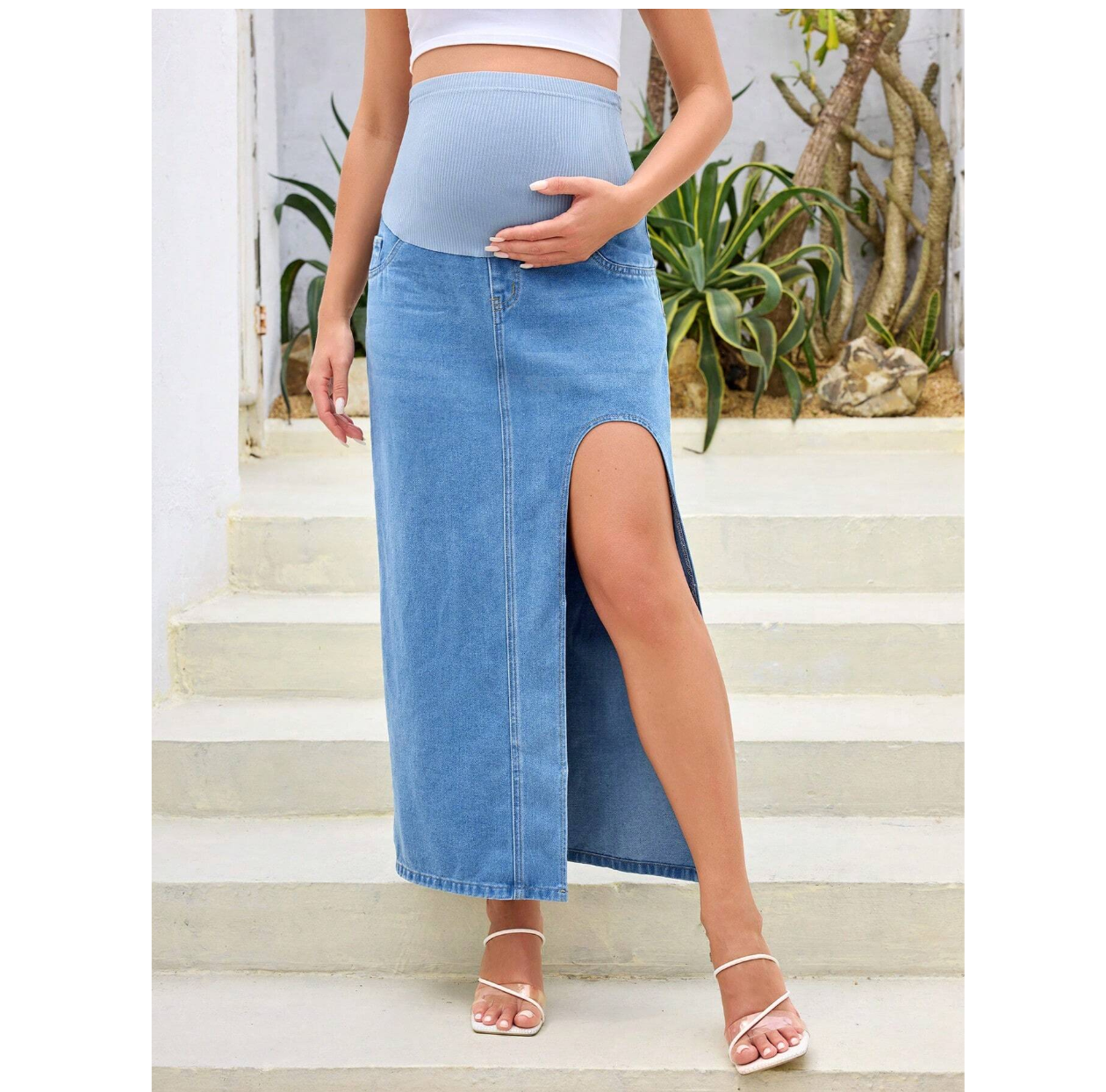 Long denim skirt maternity deals
