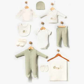 Baby Newborn 10-Piece Essentials Set – Embroidered Train Design (Sage Green)
