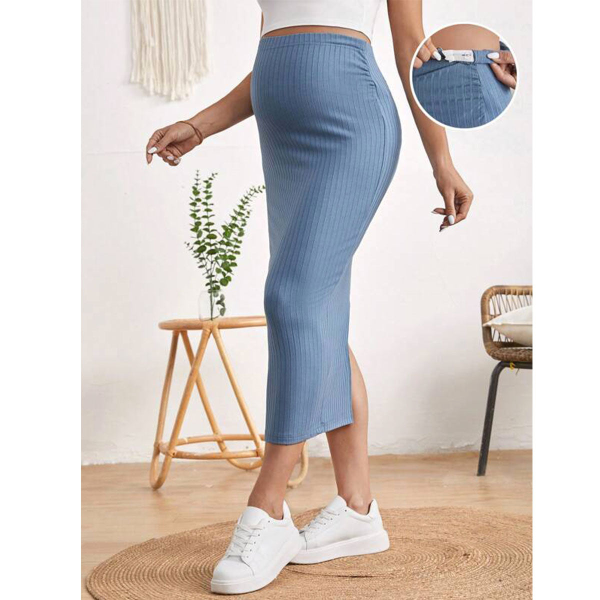 Adjustable Waist Split Thigh Rib-knit Pencil Skirt - Main Image