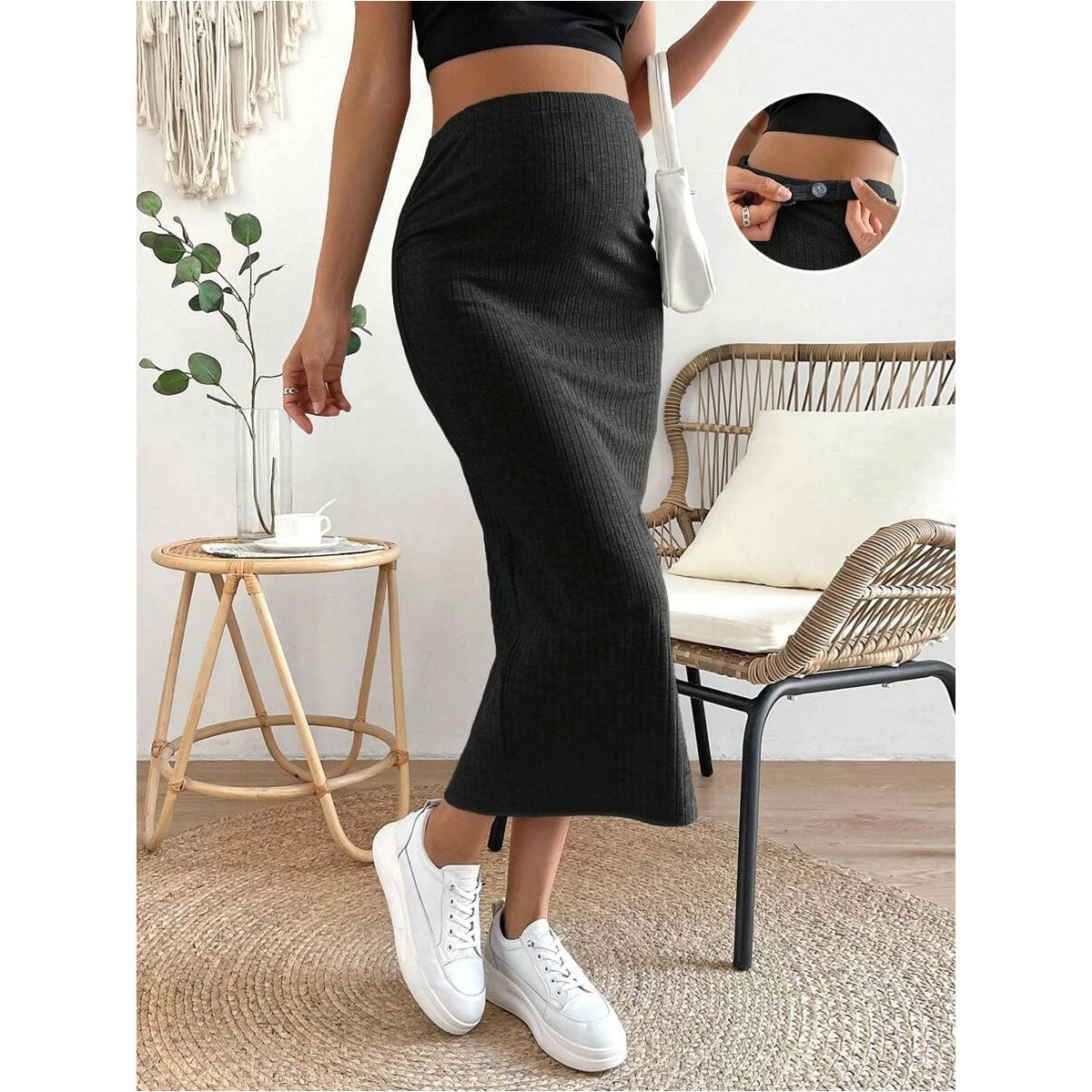 Maternity Adjustable Waist Ribbed Knit Split Back Skirt