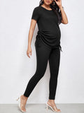 Maternity Drawstring Ruched Tee & Leggings Set /BLACK