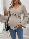 Maternity Solid Color Criss-Cross Wrap Flare Sleeve Ruffle