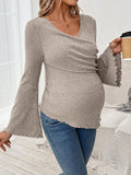 Maternity Solid Color Criss-Cross Wrap Flare Sleeve Ruffle