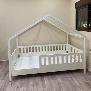 Kids Montessori White Wooden House Bed