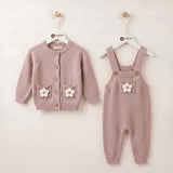 Baby Knit Cardigan & Overalls Set – Floral Pocket Detail