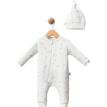 Sheep & Stars Cotton Jumpsuit with Hat Set
