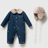 Baby Denim Romper & Fur Hat Set (9–24M)