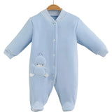 Baby Velvet Footie Romper – Duck Applique Detail