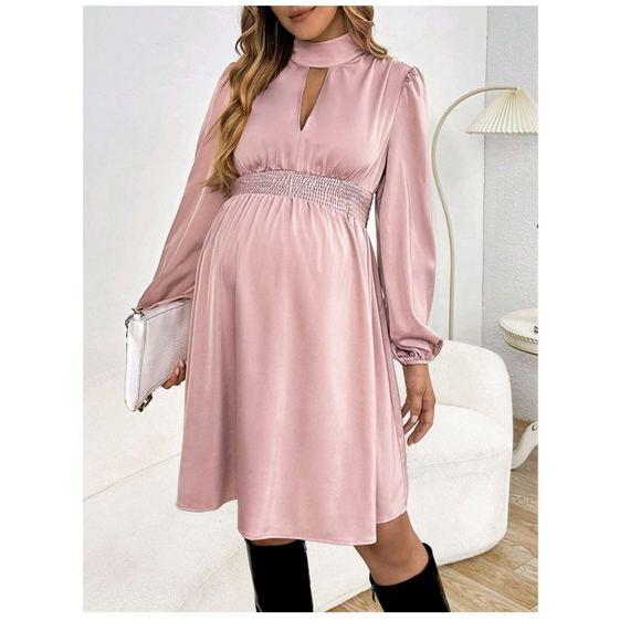 Maternity Keyhole Neckline Lantern Sleeve Dress