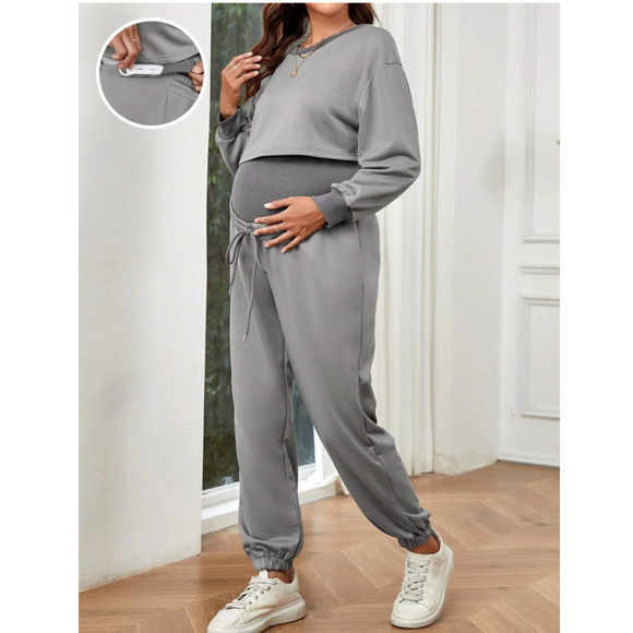 Maternity Drop Shoulder Pullover & Adjustable Waist Sweatpants