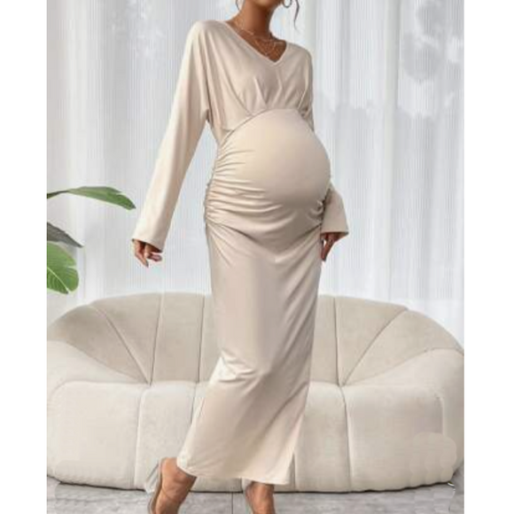 Pregnant Women's Solid Color Batwing Sleeve Pleated Dress