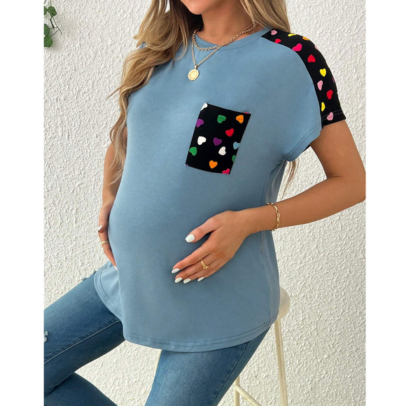 Maternity Love Heart Print Color Block Pocket T-Shirt