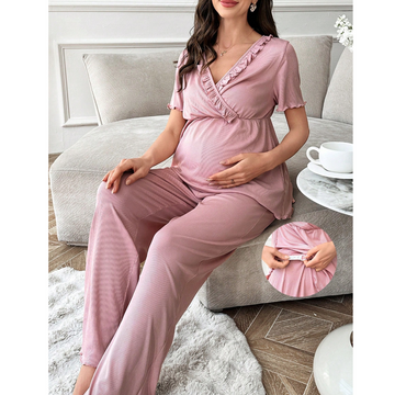 V-Neck Ruffle Short Sleeve & Long Pants Maternity Pajama Set