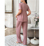 V-Neck Ruffle Short Sleeve & Long Pants Maternity Pajama Set