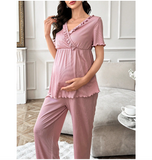 V-Neck Ruffle Short Sleeve & Long Pants Maternity Pajama Set