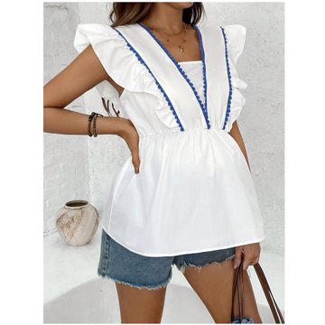 V-Neck Patchwork Ruffle Trim Fashion Blouse