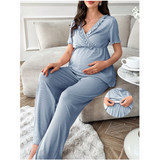 V-Neck Ruffle Short Sleeve & Long Pants Maternity Pajama Set /blue