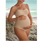 Pregnant  Simple One-Piece Swimsuit Beige
