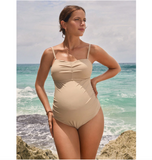 Pregnant  Simple One-Piece Swimsuit Beige