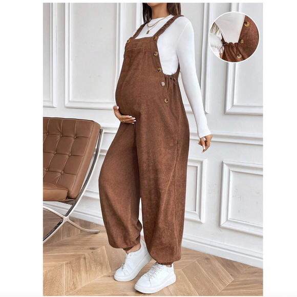 Brown Elastic Adjustable Maternity Casual Jumpsuit