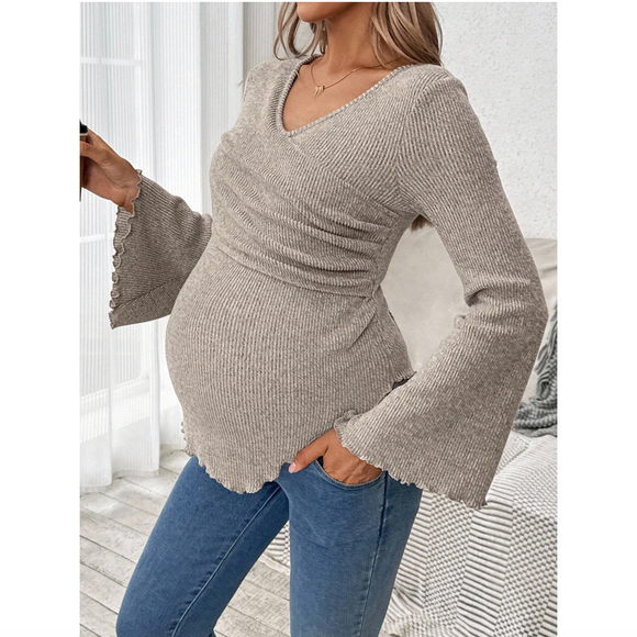 Maternity Solid Color Criss-Cross Wrap Flare Sleeve Ruffle