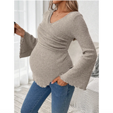 Maternity Solid Color Criss-Cross Wrap Flare Sleeve Ruffle