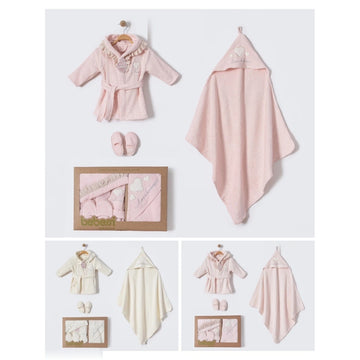 Baby Heart Embroidered Hooded Bathrobe & Towel 4-Piece Set