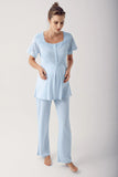 Dantelli Cotton 3 pcs Maternity Robe Pajamas Set- blue