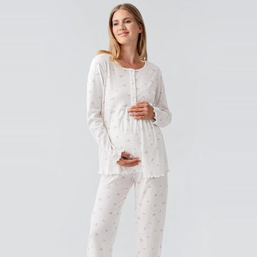 Floral Ribbed Maternity & Nursing Pajama Set