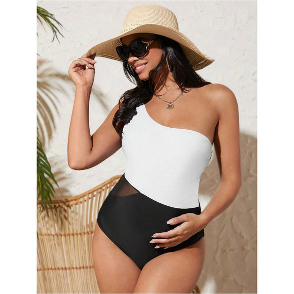 Maternity Two Tone One Shoulder Mesh Insert One Piece Swimsuit