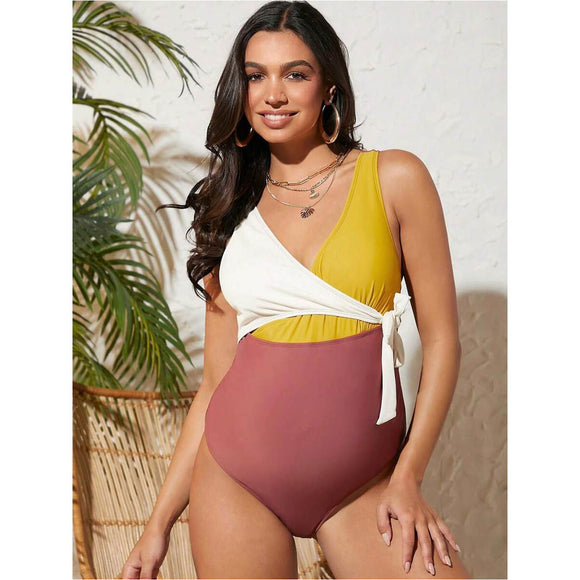 Maternity Color Block Knot Side One Piece Swimsuit