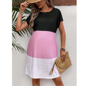 Maternity Striped Print Colorblock Batwing Sleeve Dress